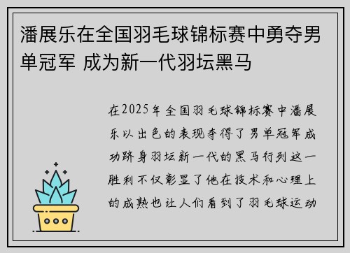 潘展乐在全国羽毛球锦标赛中勇夺男单冠军 成为新一代羽坛黑马