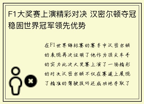 F1大奖赛上演精彩对决 汉密尔顿夺冠稳固世界冠军领先优势